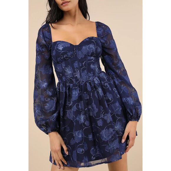 Lulus Decadent Charisma Navy Floral Embroidered Bustier Mini Dress Size L NWT - Picture 4 of 9